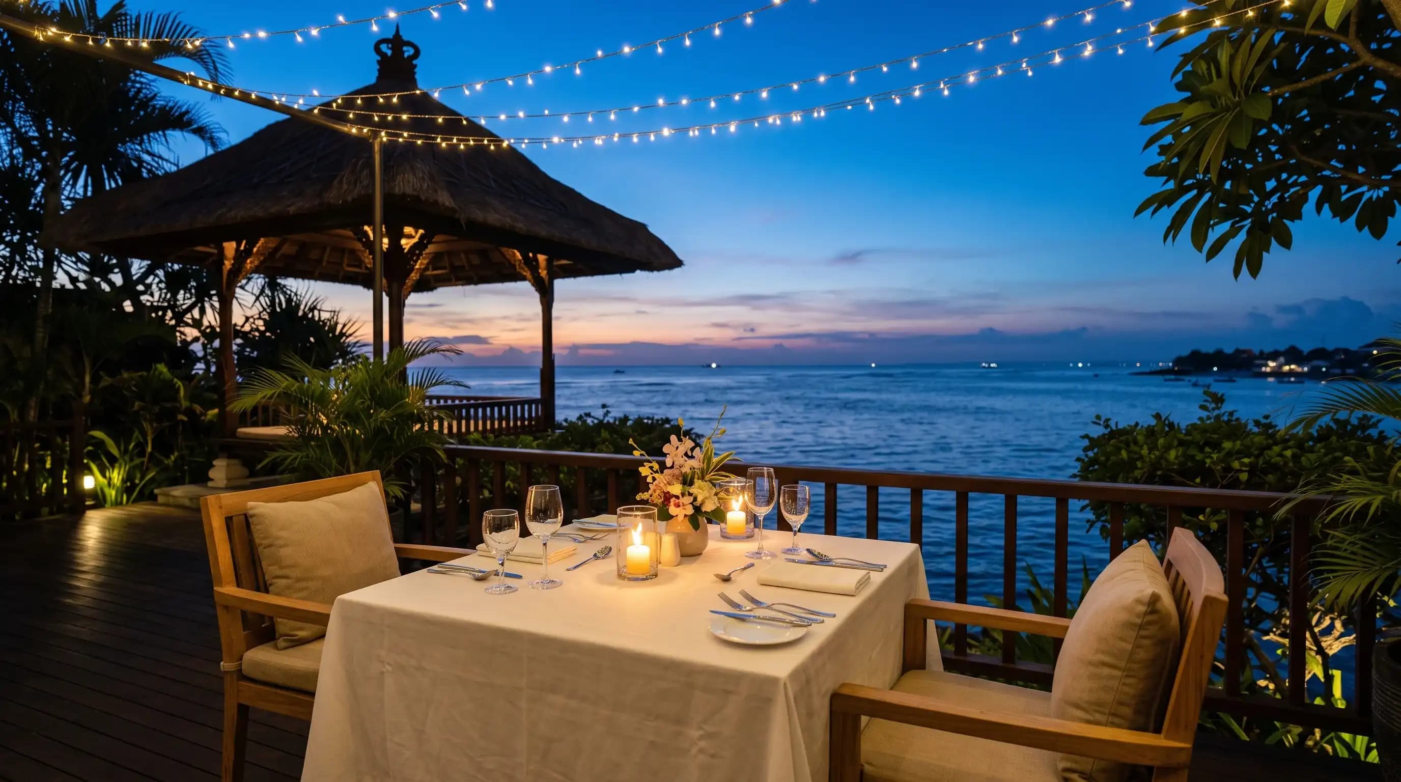 Table dressée de nuit face à la mer, terrasse feutrée au blue hour