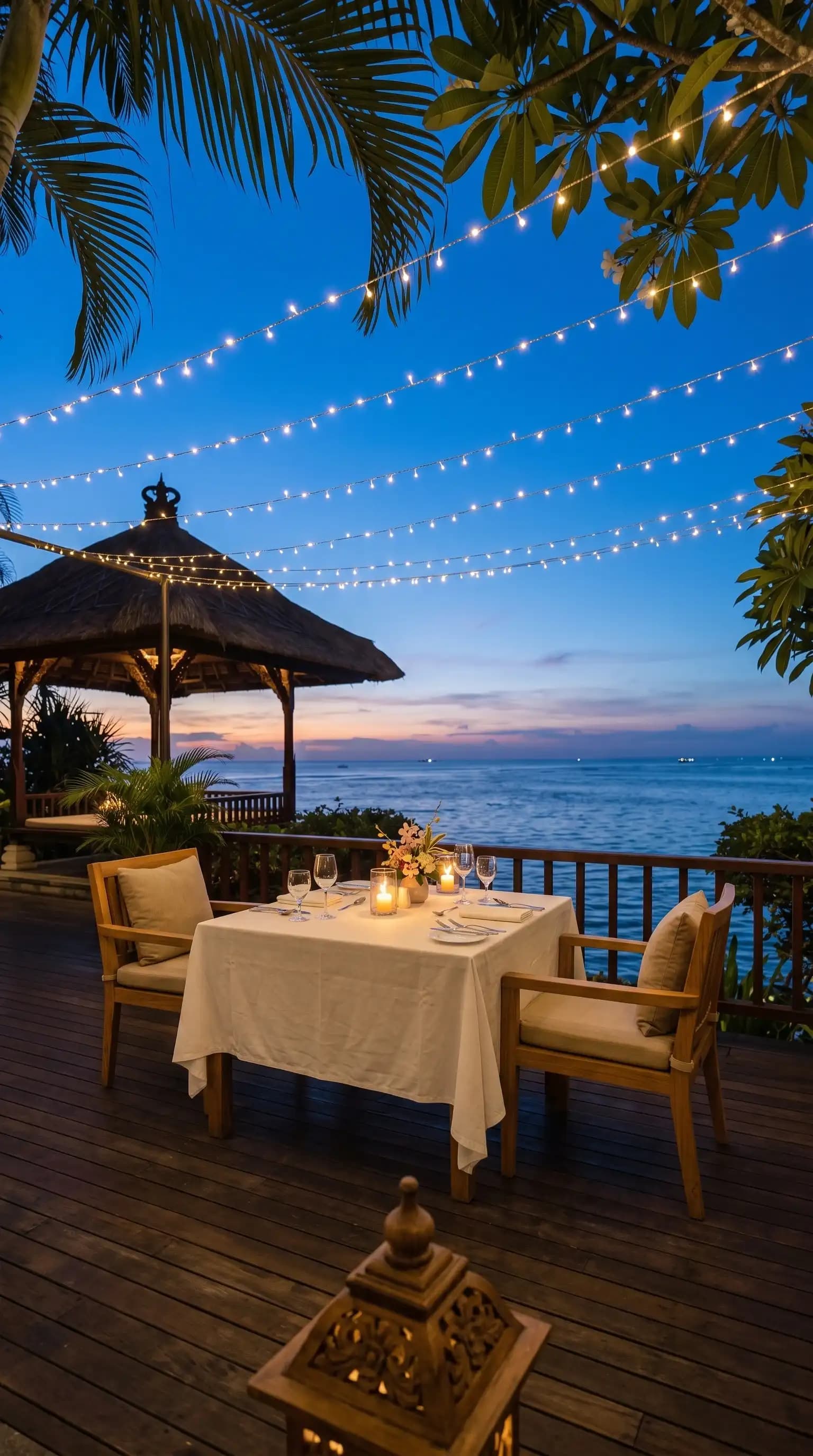 Table dressée de nuit face à la mer, terrasse feutrée au blue hour