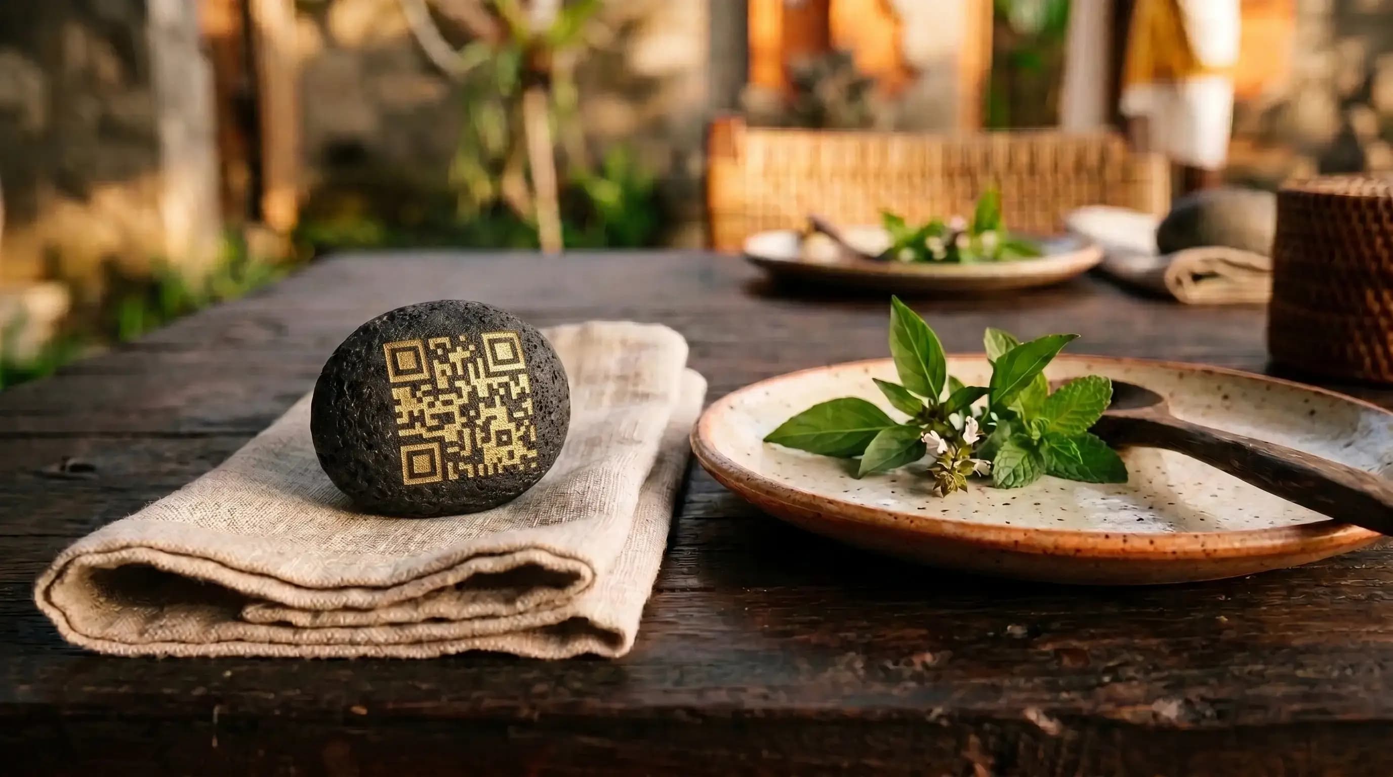 Support sur mesure en pierre naturelle, posé sur une table dressée