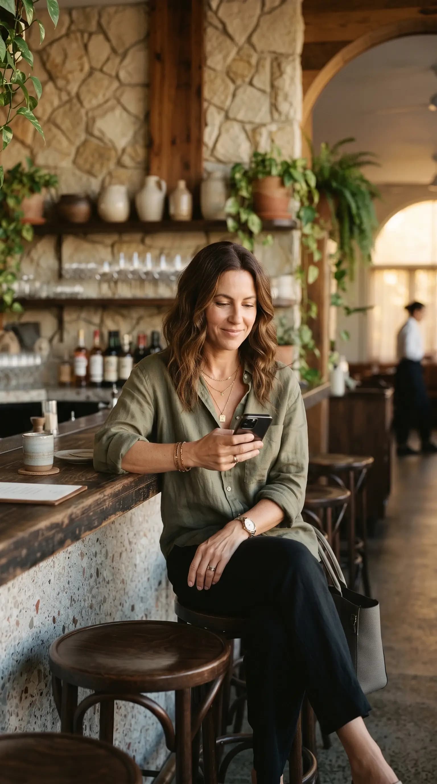Restaurateur peaufinant sa carte digitale depuis son téléphone