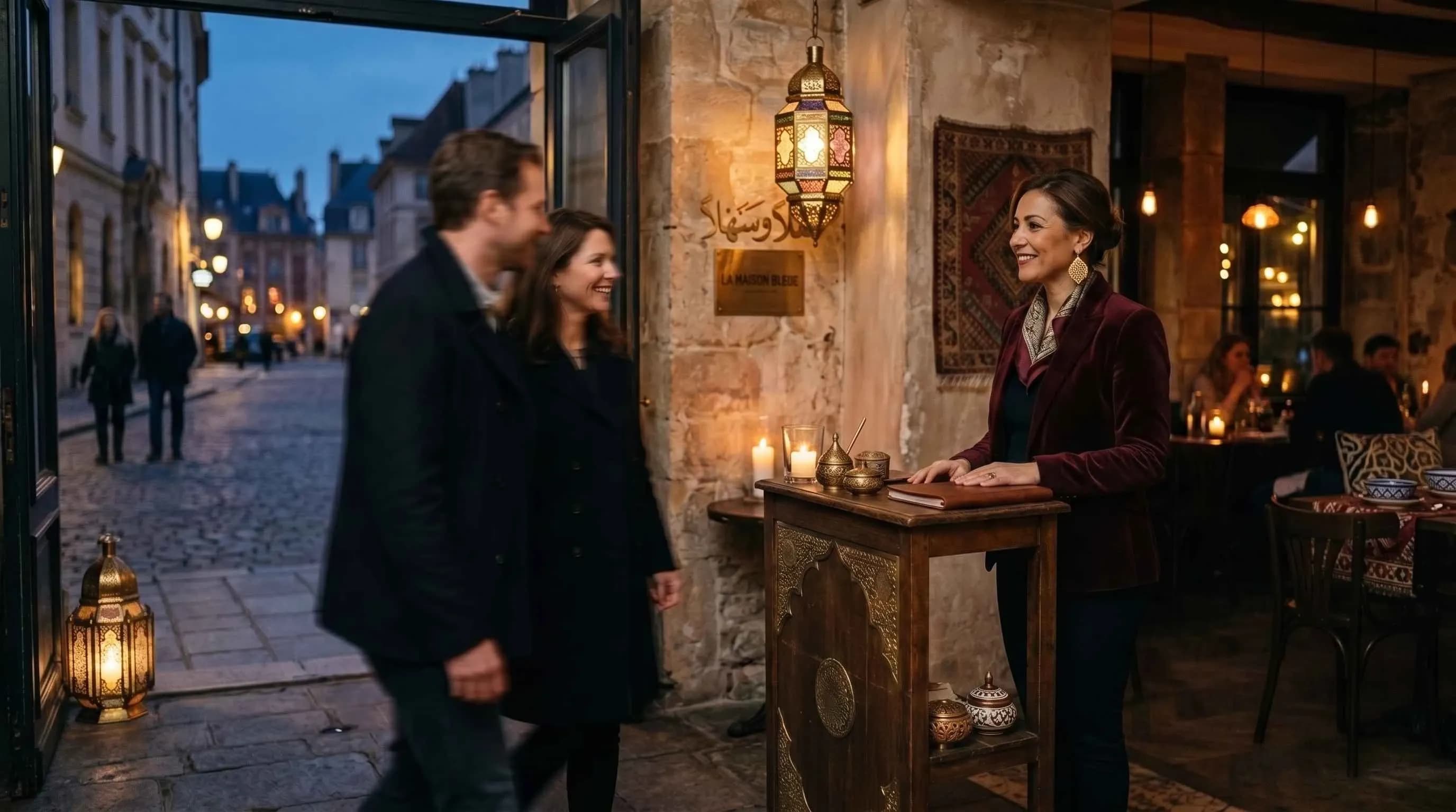 Hôtesse accueillant un couple à l'entrée d'un restaurant chic au crépuscule, ambiance tamisée aux lanternes