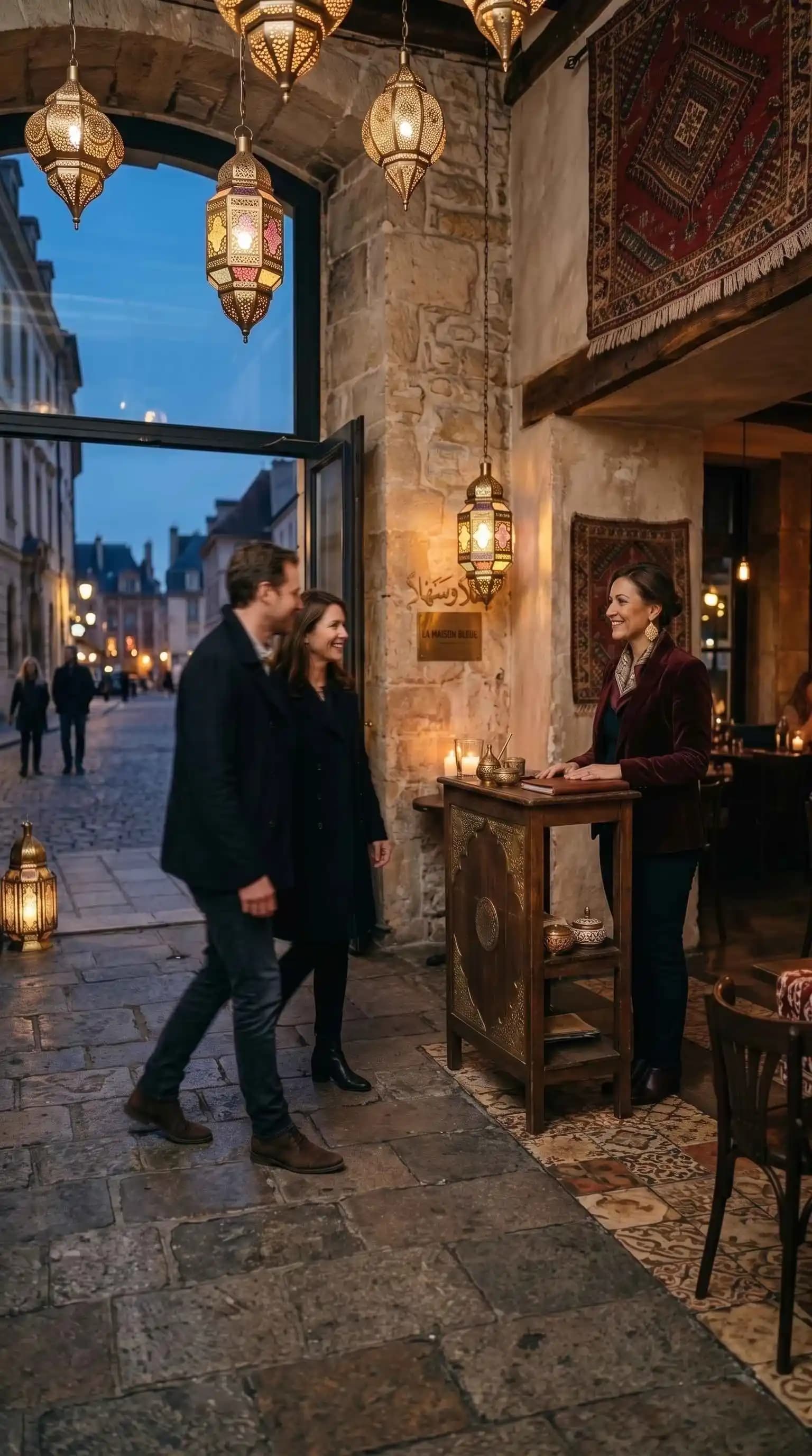 Hôtesse accueillant un couple à l'entrée d'un restaurant chic au crépuscule, ambiance tamisée aux lanternes