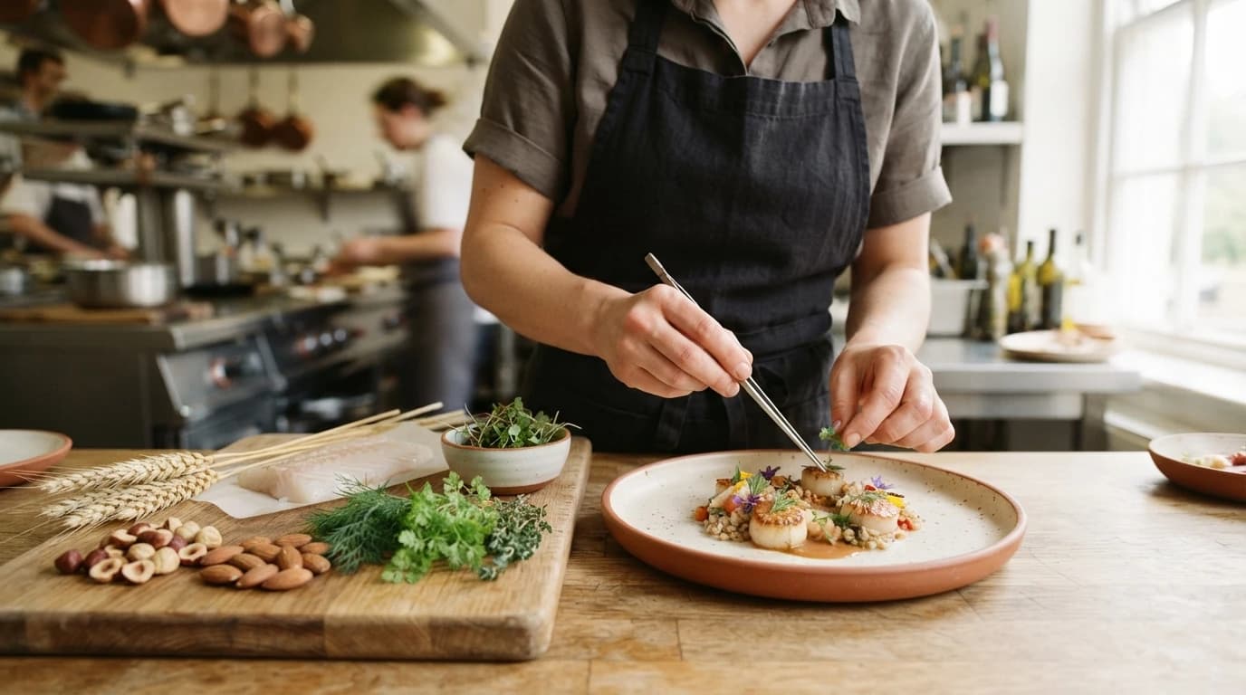 Gros plan sur des ingrédients frais disposés en cuisine, noix, herbes et fruits de mer