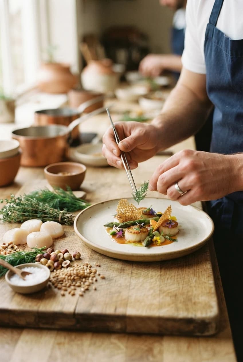 Gros plan sur des ingrédients frais disposés en cuisine, noix, herbes et fruits de mer
