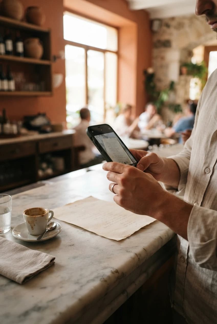 Restaurateur photographiant sa carte papier avec un smartphone sur un comptoir en marbre