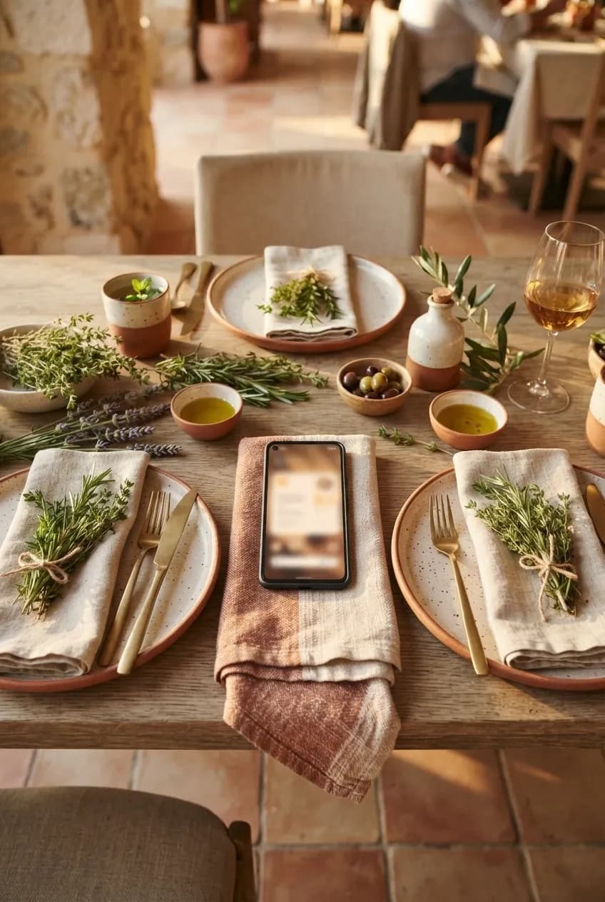 Vue plongeante d'une table dressée avec un smartphone affichant un menu haut de gamme