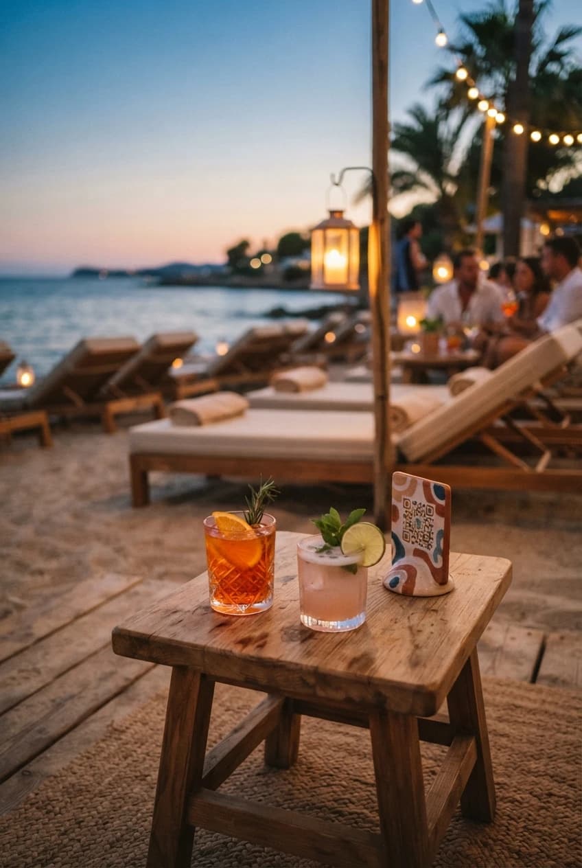 Beach club au coucher du soleil avec un support QR code discret sur une table basse