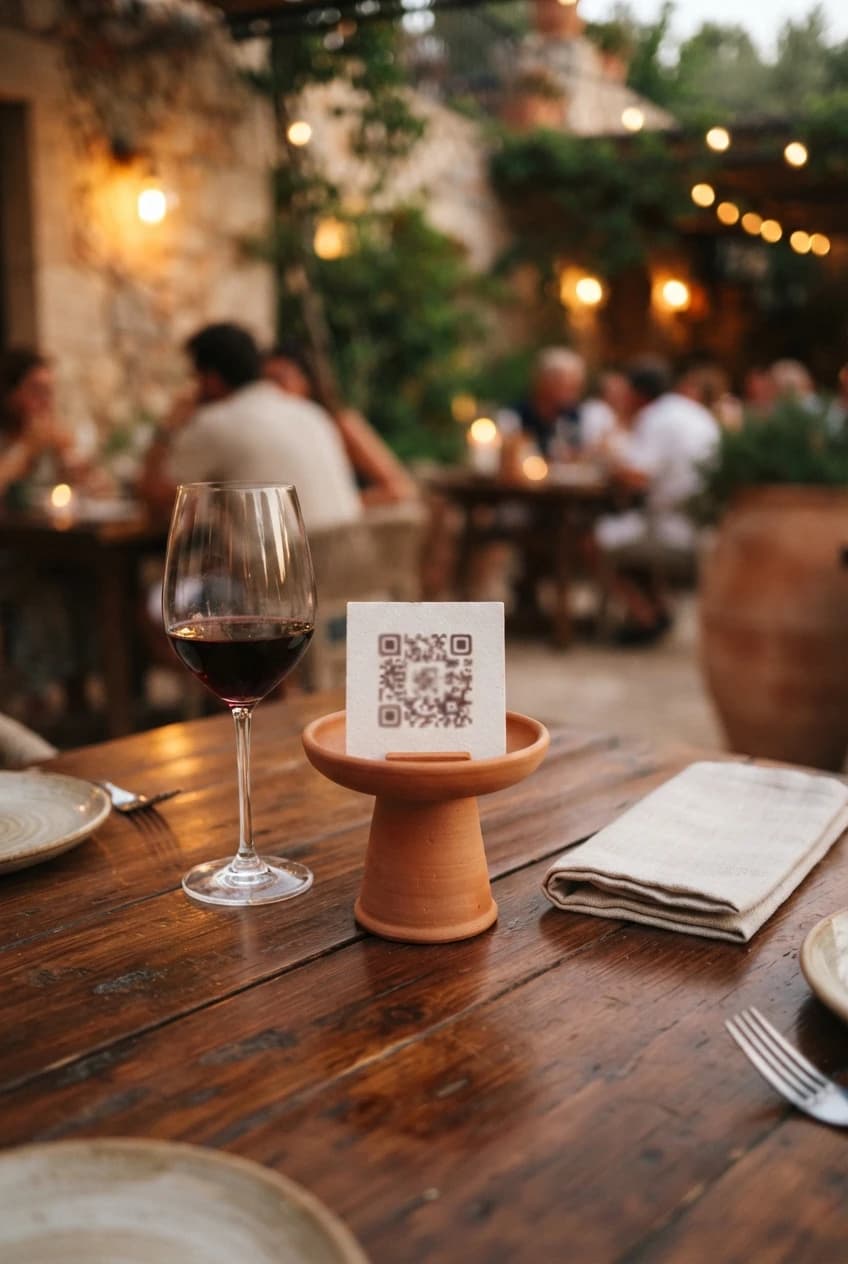 Table de restaurant au crépuscule avec un support QR code discret à côté d'un verre de vin