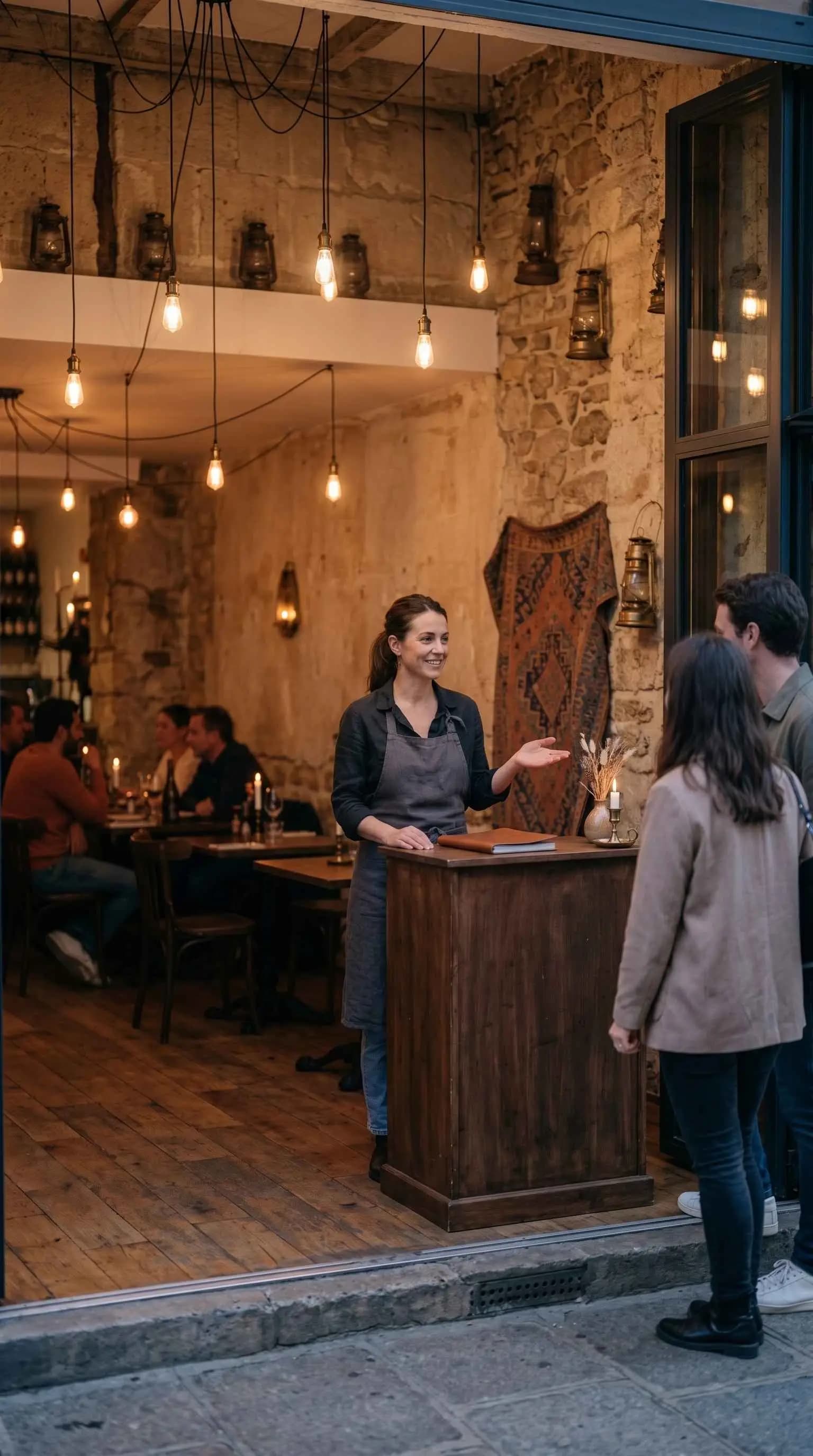 Hôtesse accueillant des convives à l'entrée d'un restaurant chic au crépuscule