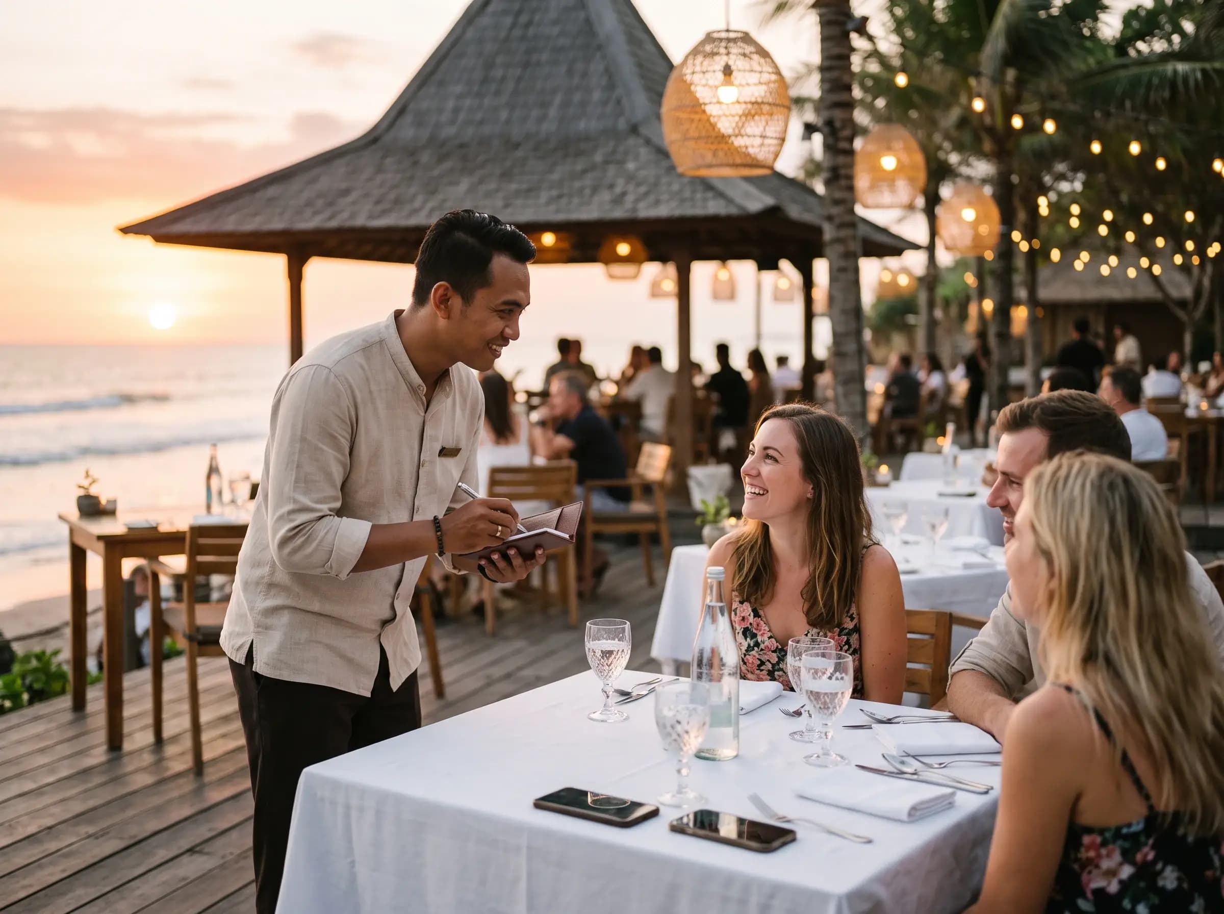 Serveur prenant la commande à table, terrasse d'un beach club au coucher du soleil
