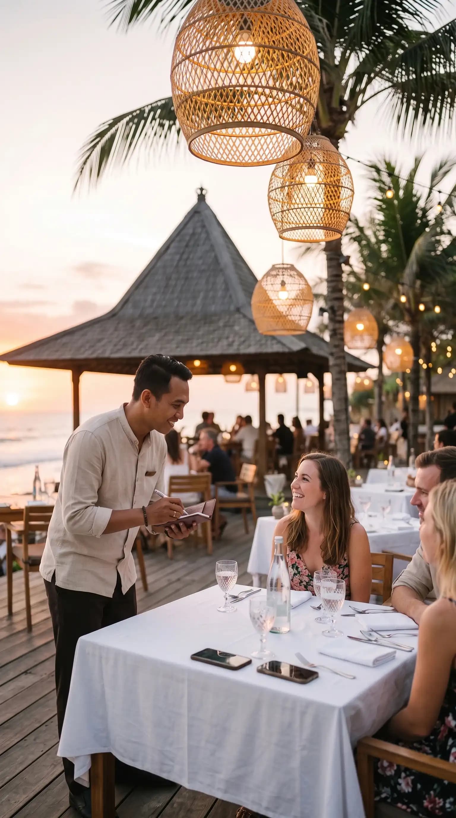 Serveur prenant la commande à table, terrasse d'un beach club au coucher du soleil