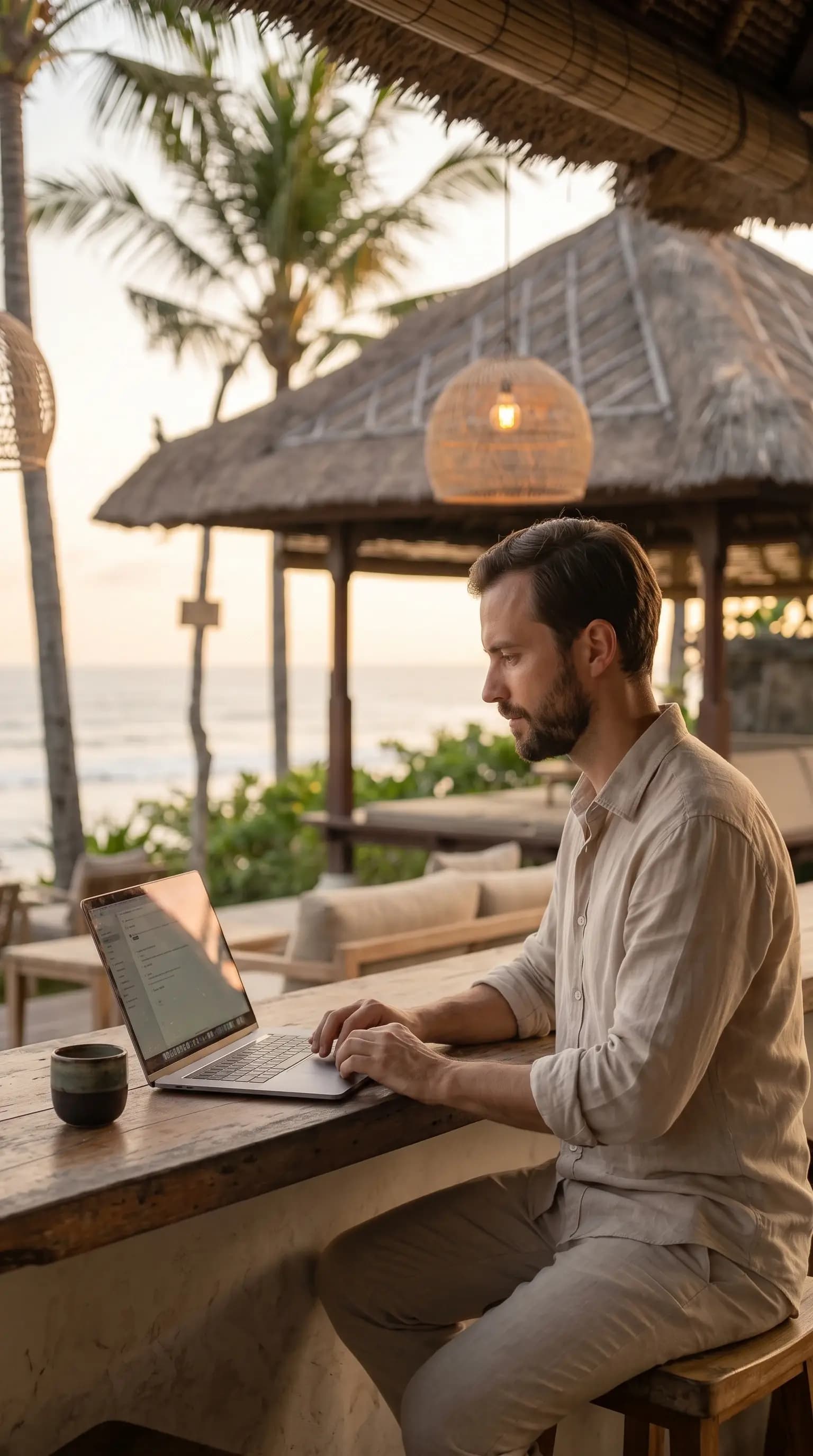 Restaurateur configurant son menu sur laptop, terrasse au lever du jour