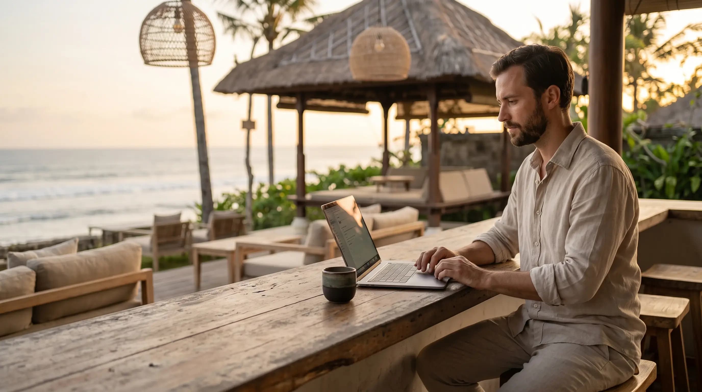 Restaurateur configurant son menu sur laptop, terrasse au lever du jour