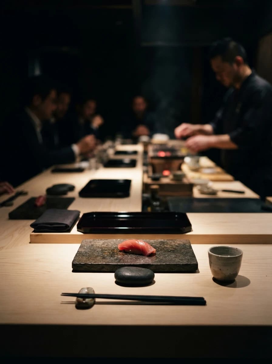 Noir — Table raffinée, omakase et atmosphère sombre.