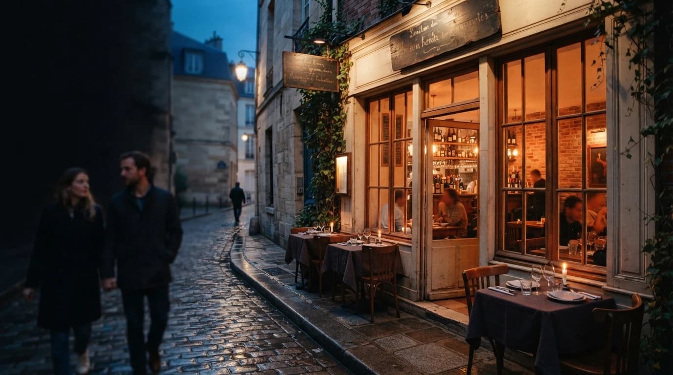 Devanture d'un petit restaurant de quartier éclairée à l'heure bleue, tables dressées en terrasse sur une rue pavée