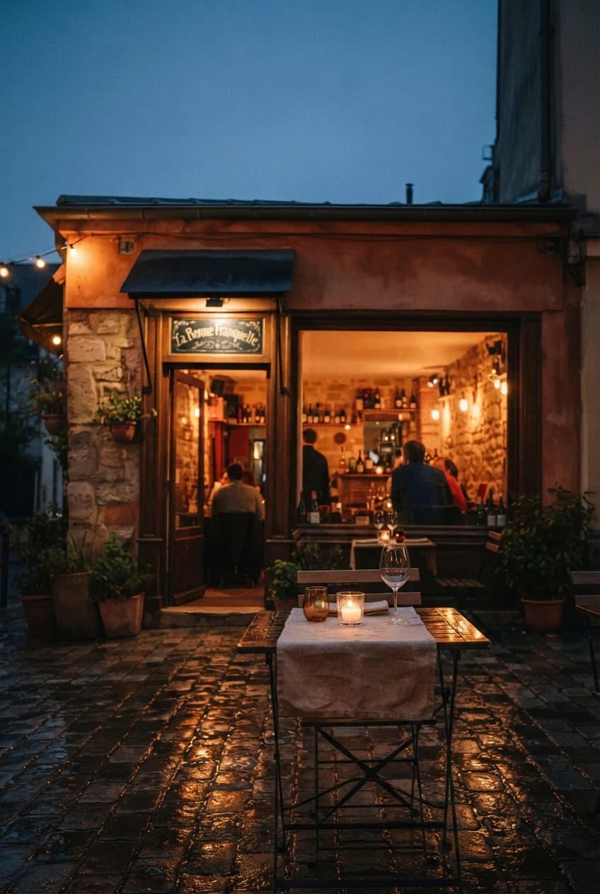 Devanture d'un petit restaurant de quartier éclairée à l'heure bleue, tables dressées en terrasse sur une rue pavée