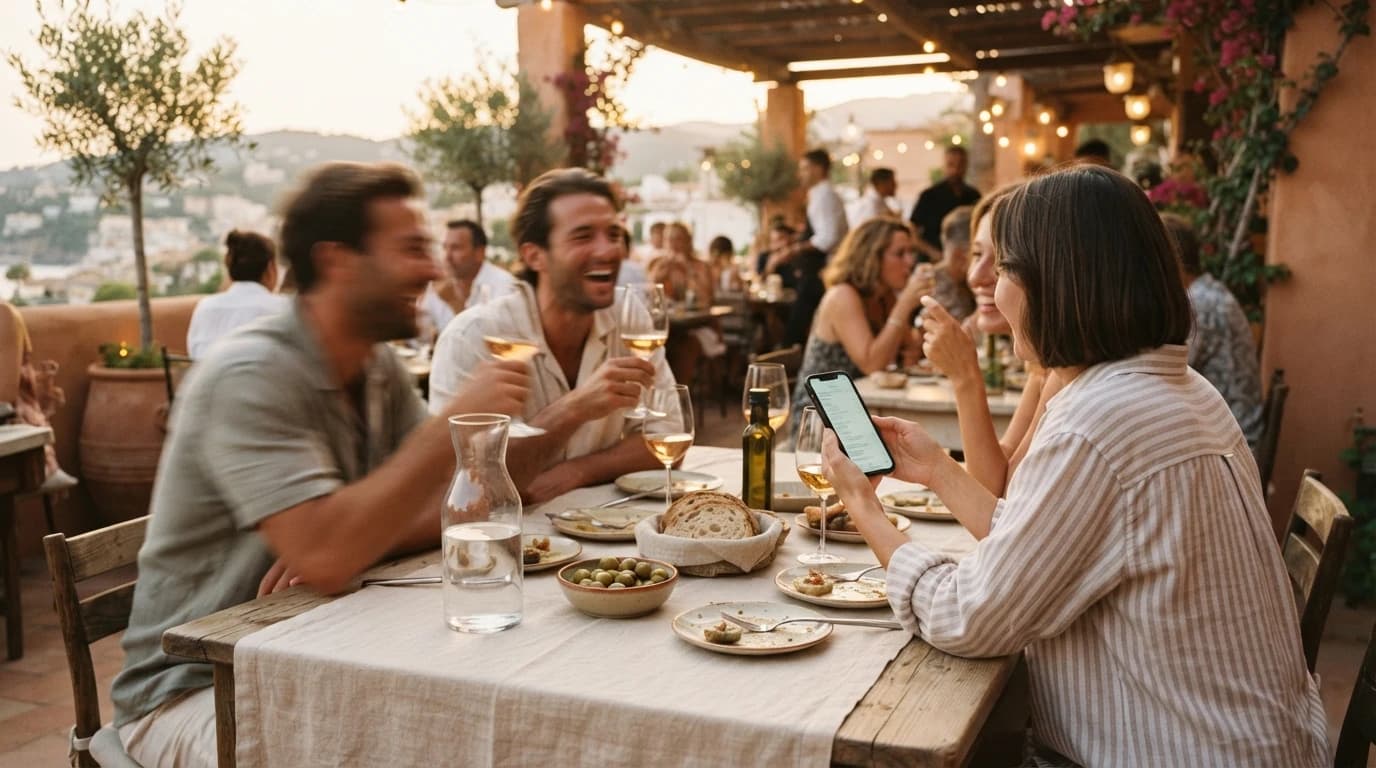 Convives internationaux autour d'une table en terrasse, l'un consulte le menu sur son téléphone