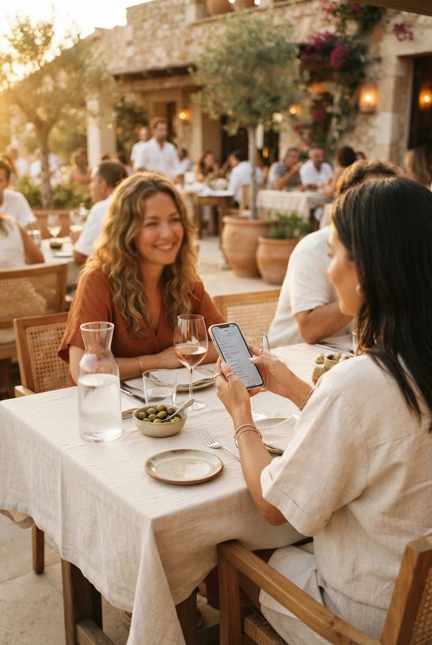 Convives internationaux autour d'une table en terrasse, l'un consulte le menu sur son téléphone